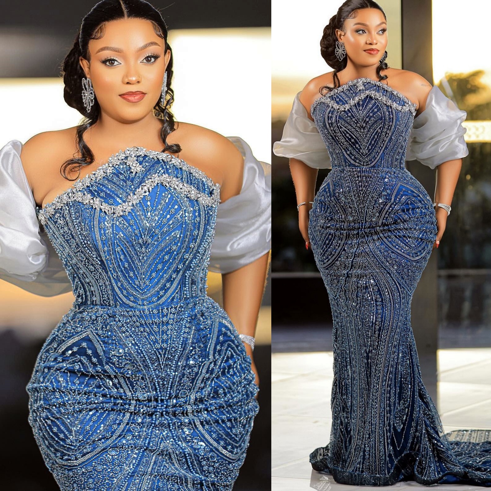 Mermaid Navy Blue Prom Dresses 2025 Crystals Sequined Strapless Evening Formal Party Second Birthday Engagement Gowns Plus Size Dress For Special Occa