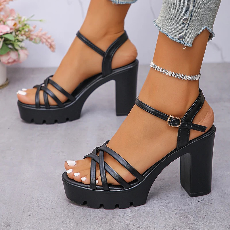 Womens Ankle Buckle High-Heeled Sandals Style Cross Strap Platform Sandal Female 2025 Outdoor Thick Heel Sandalias Mujer 250605