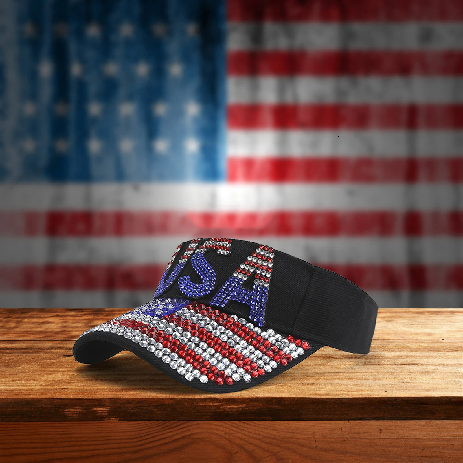 Stylish Women s Rhinestone Embellished Patriotic Sun Visor with Letter Stripe n for Outdoor Sports and Beach Activities 250603