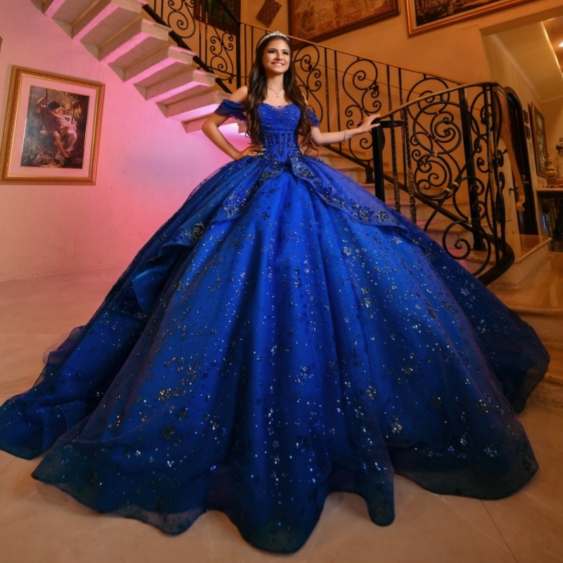 Royal Blue Shiny Quinceanera Dresses Ball Gown Off The Shoulder Sequin Applique Lace Beads Tull Sweet 16 Dress Vestidos 15 De Anos