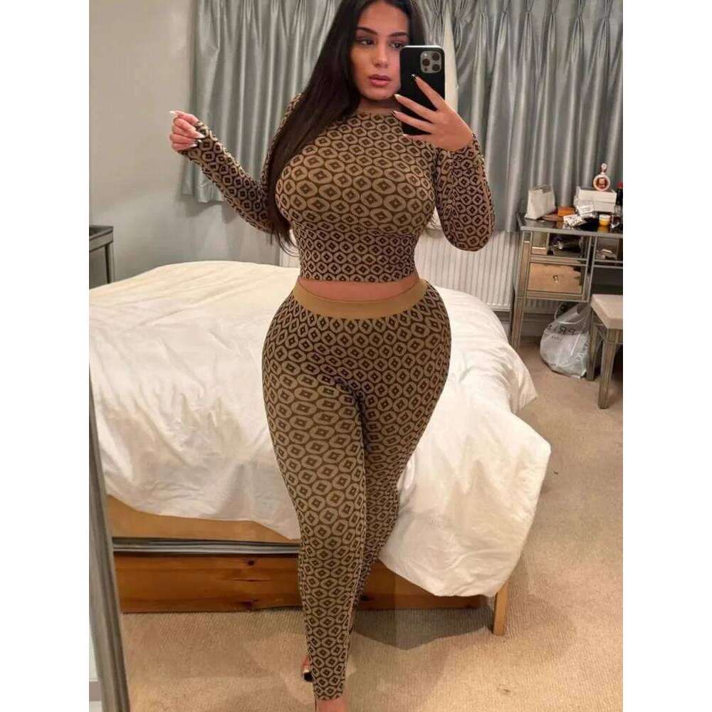 Women's Fashion Sets Slim Print Pants Y2K O-neck Long Sleeve Top Stretch Hip Package Pencil Trousers 2025 Spring Sexy Lady Suits