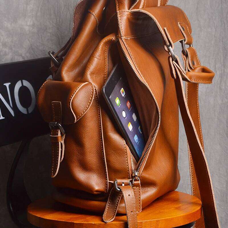 OLOEY Leatherfocus Leather Travel Men Multifunctional Fashion Backpack Retro Large Capacity Backpacks for Women Laptop Bag