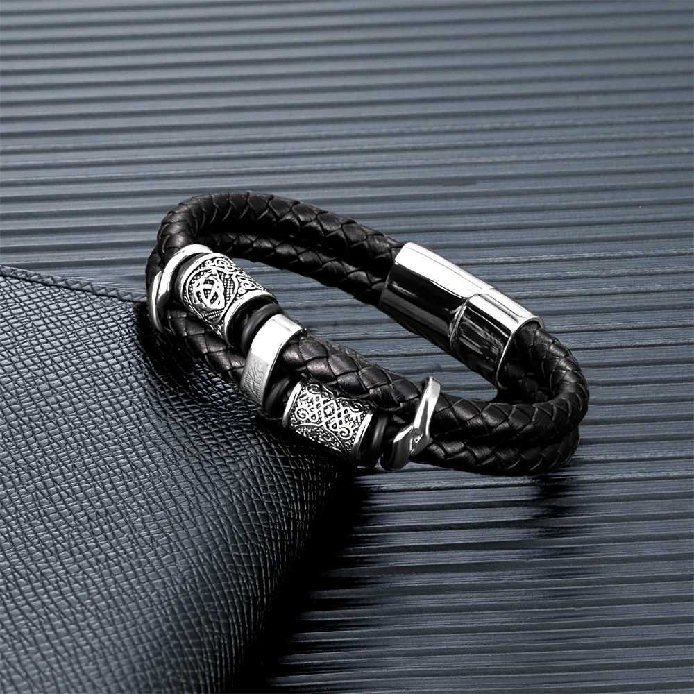 Vintage Viking Compass Multi layer Leather Bracelet Mens Stainless Steel Norwegian Rune Valkenut Bracelet Scandinavian JewelryC250606