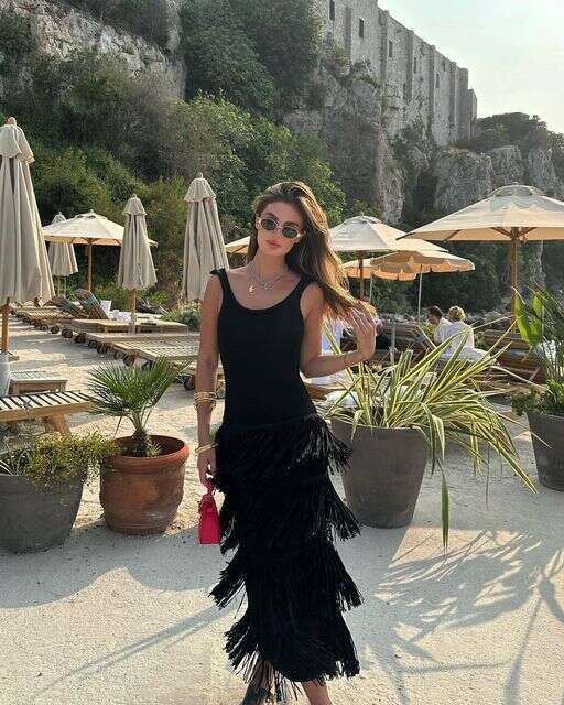 Summer new solid color hem tassel knit camisole dress