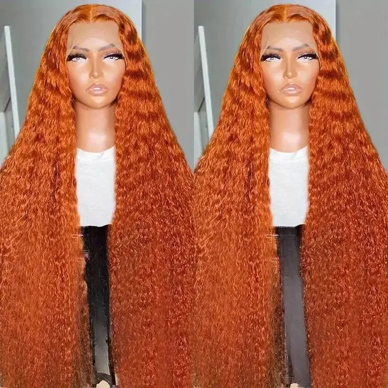 34Inch Curly 13x6 Lace Front Human Hair Wig Ginger Orange Brazilian Wigs Pre Plucked and Transparent Lace Synthetic