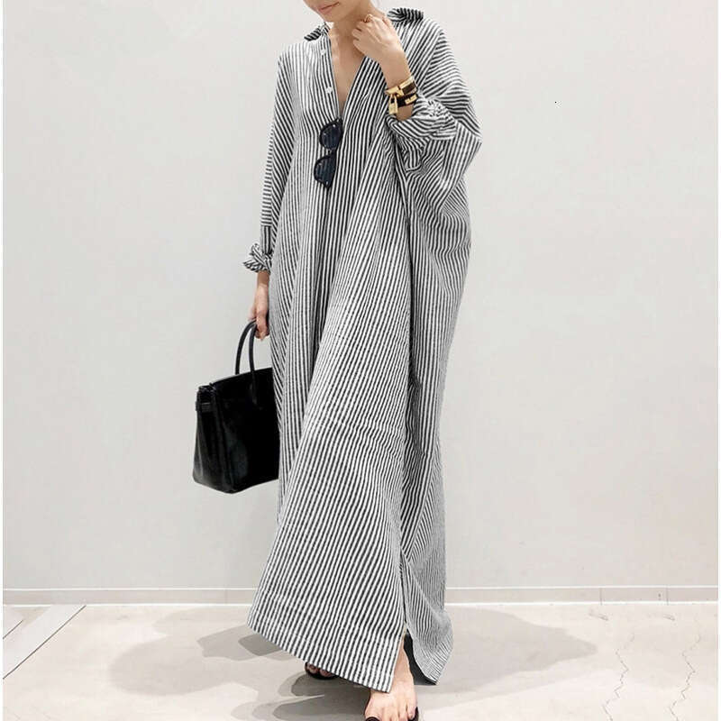 New Loose Striped Print Fashion Women's Plus Size Long Dress Cardigan B5