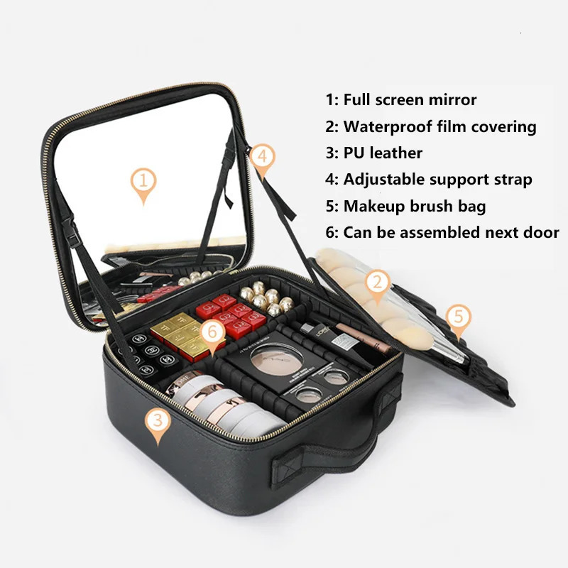 Sewing Thread Travel Makeup Bag for Women Waterproof Case With Mirror Professional Beauty Brush Cosmetic Storage Case 250614