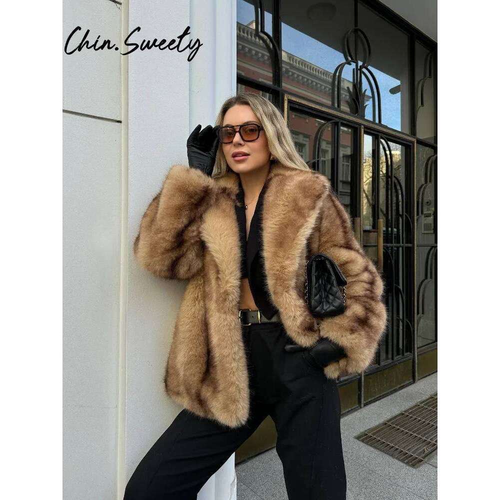 Street Faux Fur Women Coat Urban Full Sleeve Lapel Panelled Pocket Female 2024 Autumn Winter Elegant Lady Outwear luanyun