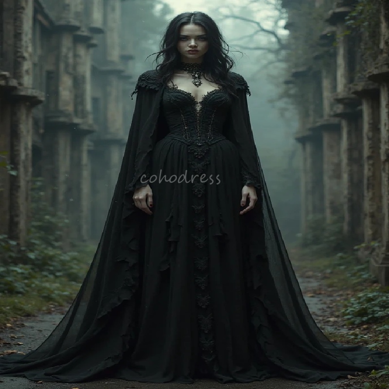 Enchantress Black Witch Gothic Wedding Dress With Cape Mysterious Celtic Bride Dress Lace Beaded Boho Gatsby Bridal Dress 2025 Robe De Mariage