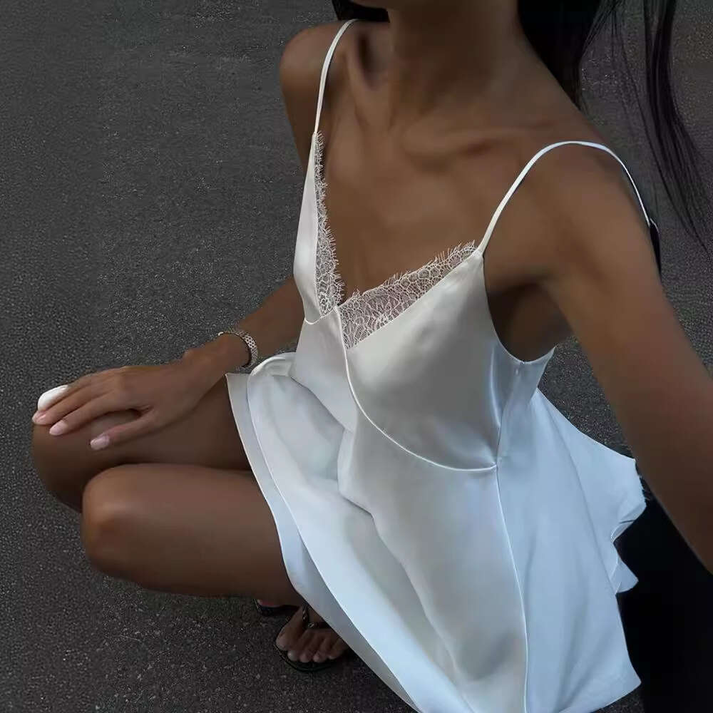 Women's Summer New Fashion Elegant V-Neck Satin Sexy Lace Patchwork Spicy Dress Trend B5