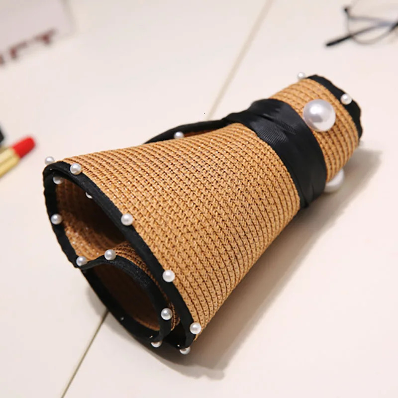 4Color Pearl Foldable Straw Hats For Women Ladie Empty Top Wide Large Brim Visor Cap Adjustable Beach UV Protction Hat 250603