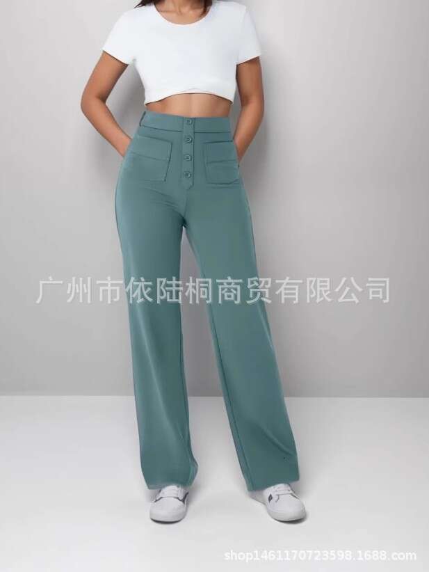 Fashion New Women's Casual Straight Pants High Waist Button Elastic With Multiple Pockets B5