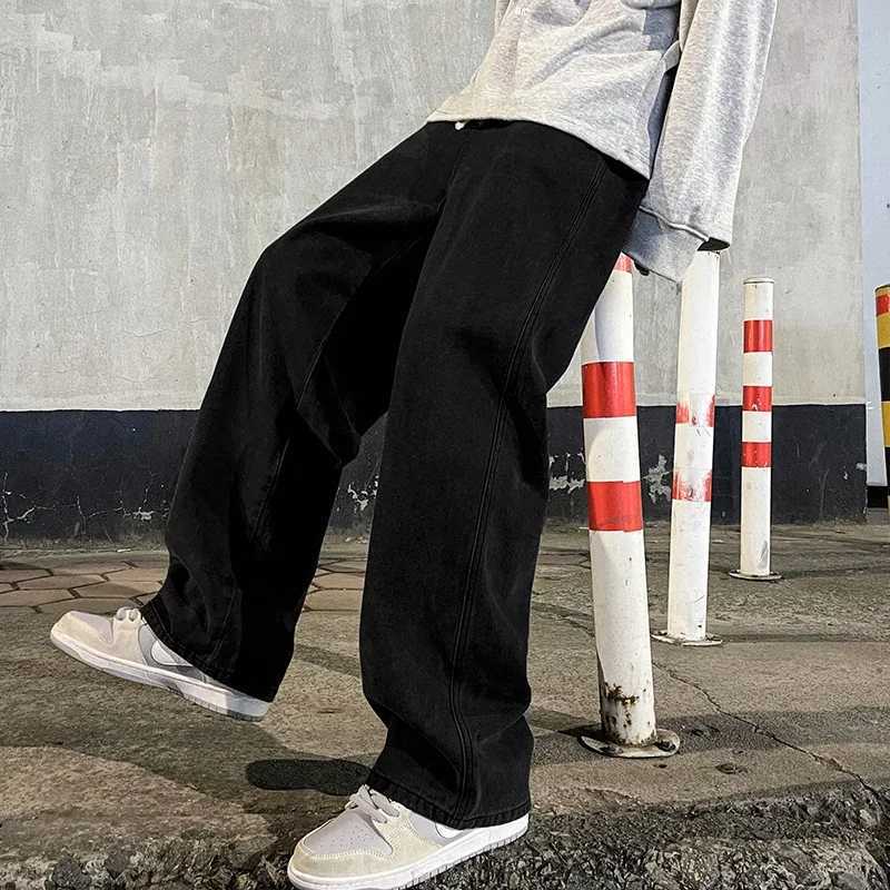 2025 New Mens Fashion Jeans Baggy Wide Leg Black Denim Pants Strtwear Fashion Korean Loose Straight Elastic Waist TrousersC250606