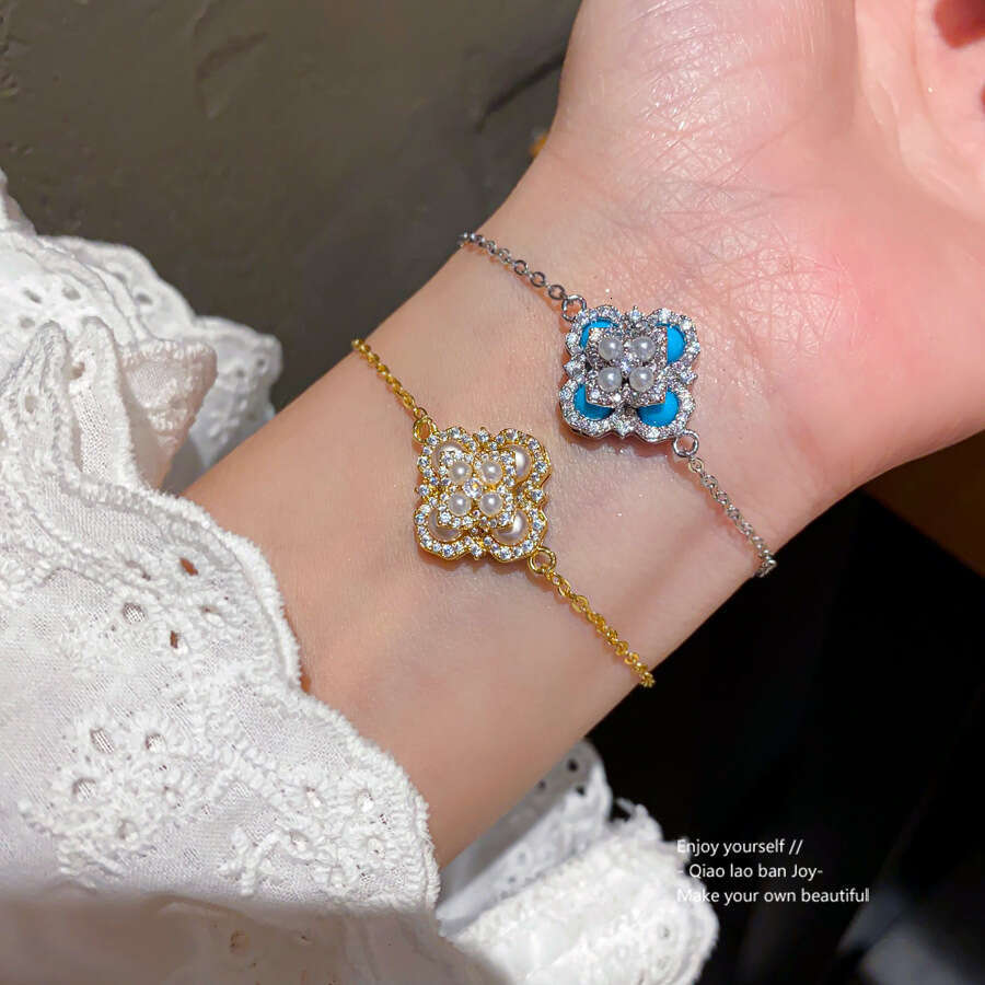 Luxury jewelry designer bracelet 4-leaf clover Zircon Turquoise Flower Pearl Open Palace Style Elegant Index Finger Ring Light High-end Sense Jewelry