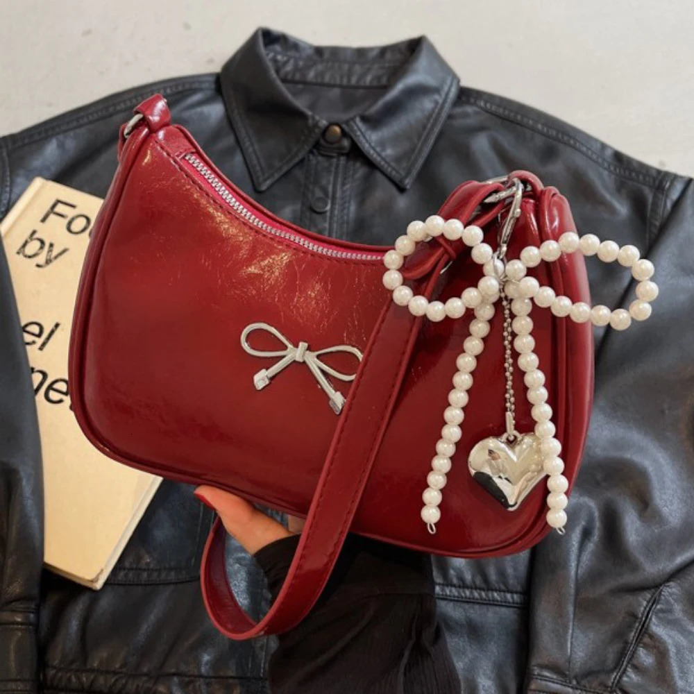 Burgundy Bow One Shoulder Bag for Women Chic High Grade Texture Zipper Armpit Bags Daily Working Commute Crossbody Packs 250605