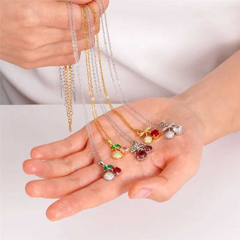 Light Luxury Cherry Zircon Pendant Necklace Stainless Steel Chains Fashion Choker Jewelry Birthday Gifts For Women Girls Y250605