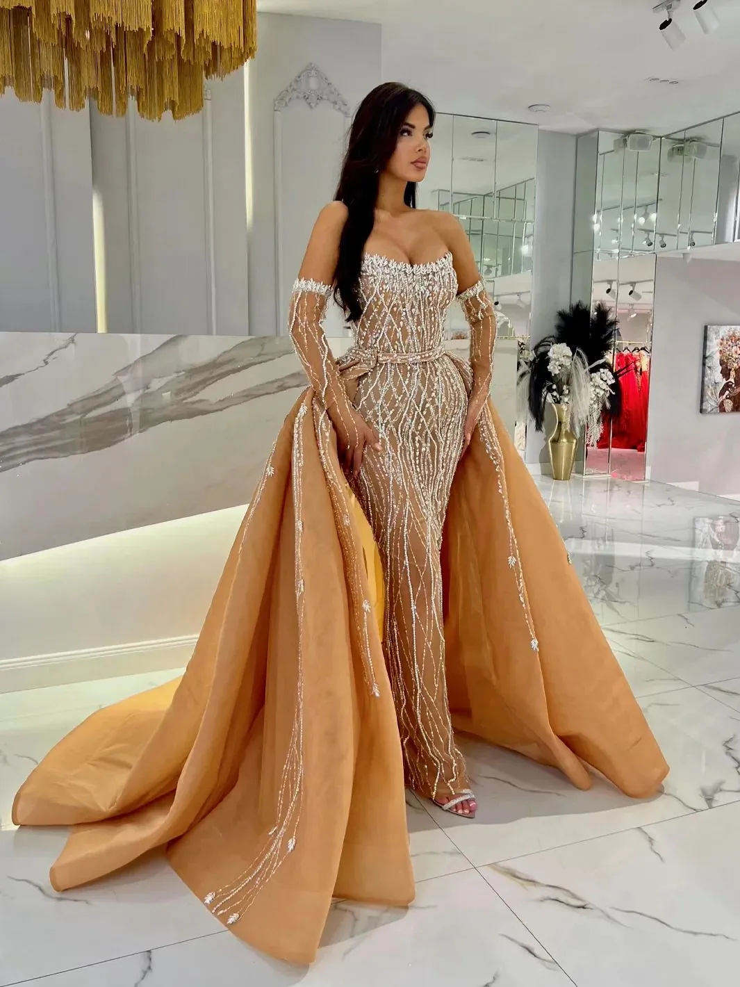 Elegant Strapless Lace Mermaid Evening Dresses Fashion Sequined Beaded Prom Dress Detachable Train Party Gown Customized