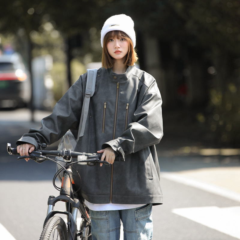 Ddmyoutdoor Couple S Loose PU Leather Jacket Men S Women S Spring Autumn Trendy Brand Handsome And Versatile Casual Jacket Jogging Suit