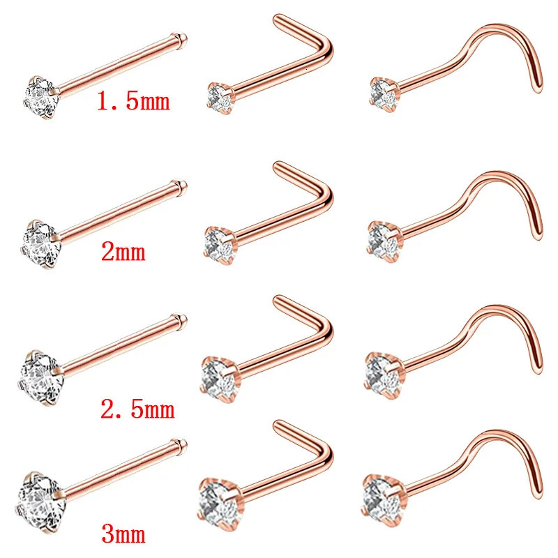 4/12PCS Stainless Steel Zircon Nose Piercing Stud Set L Shape Nose Ring Lot Twist Nose Ring Stud Bulk Body Piercing Nariz Pack 250605