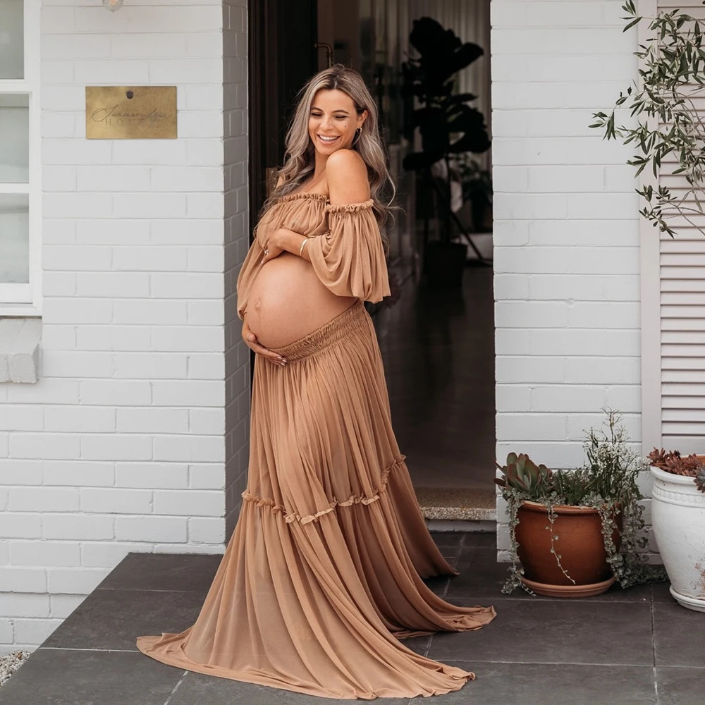 Maternity Dresses for Baby Showers Chiffon One Shoulder Lace Long Sleeve Two Piece Dress Bohemian Po Shooting Pregnancy Dress 250530