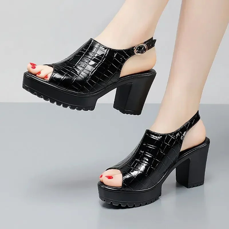 Small Size 32-43 Elegant Block High Heels Sandals Patent Leather Shoes Summer 2025 Thick Platform Sandals Women Office Model 250605