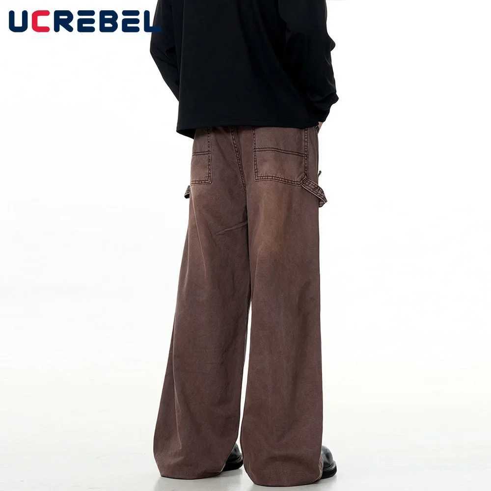 Removable Double Knee Denim Carpenter Pants Mens Retro High Street Straight Wide Leg Washed Distressed Jeans Men Z250605