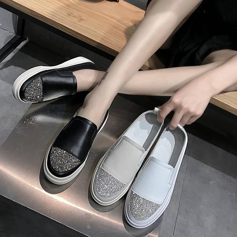 Ddmyoutdoor Genuine Leather White Rhinestone Sneakers Women Spring And Autumn Flat All Match Thick Bottom Walking Shoes Womendf Outdoor Shoes