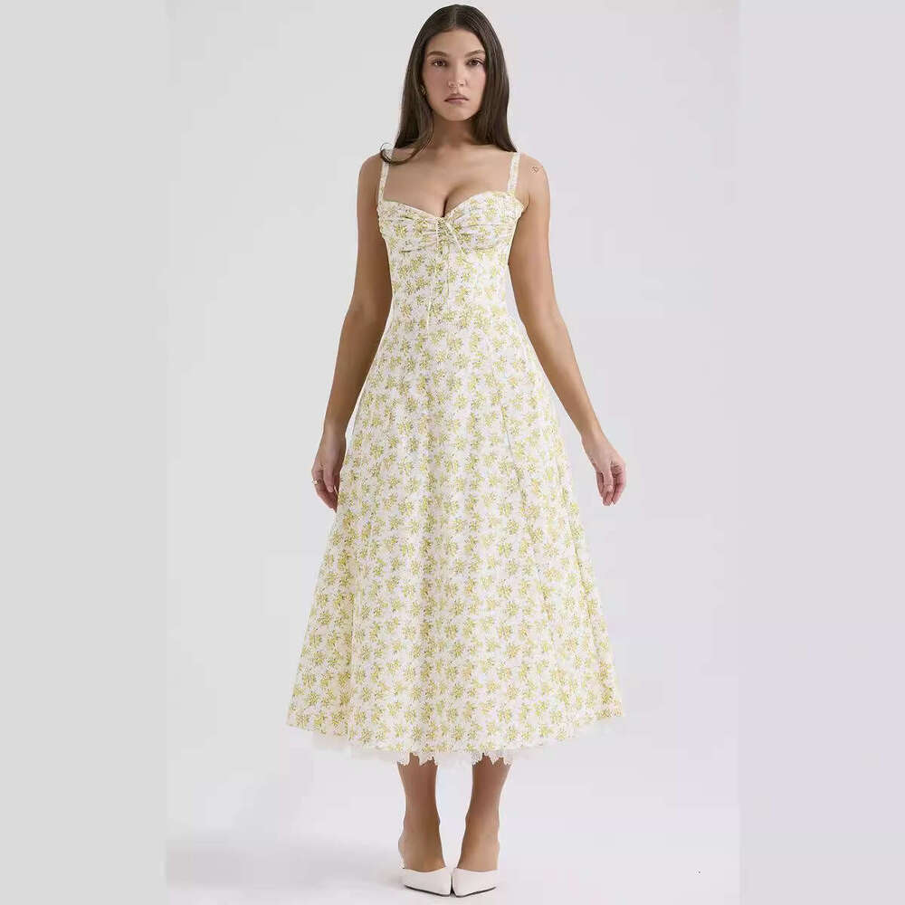 Elegant Series French Style Summer Gentle Slimming Floral Strap Long Dress B5