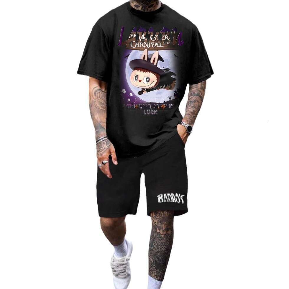 2025 New LABUBU Pure Cotton Short Sleeve T-Shirt American Style Loose Trendy Casual Set Digital Direct Print labubu doll