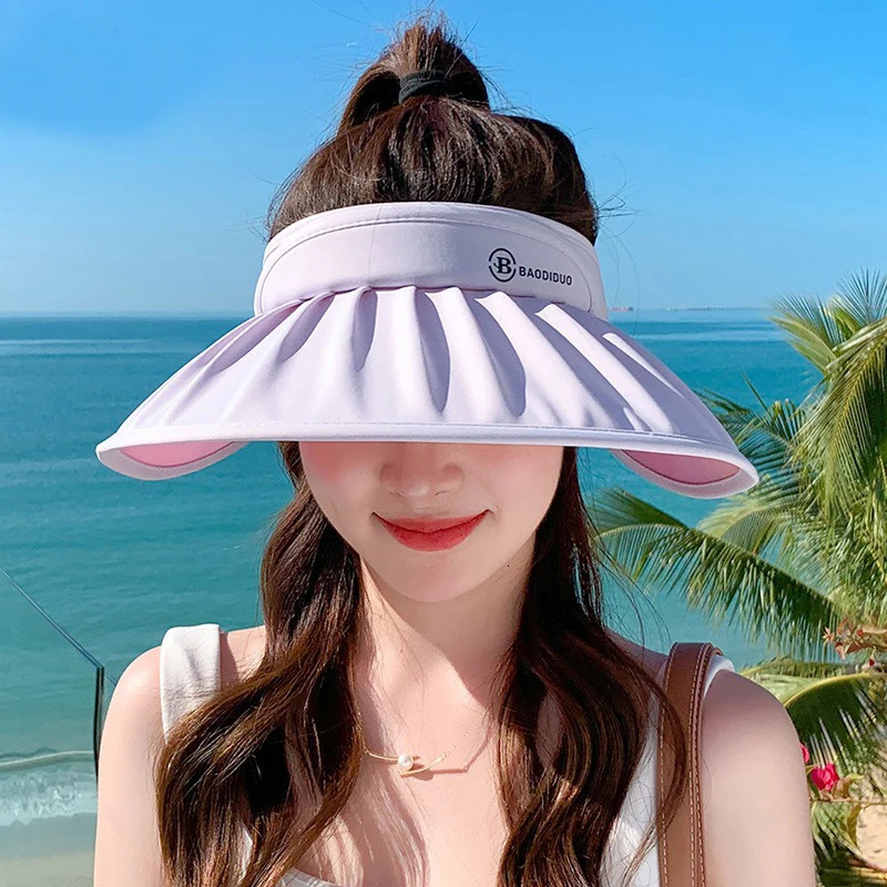 Summer ice silk streamers empty top hat Fashion shell large brim sunblock hat UV protection sunshade hat 250603