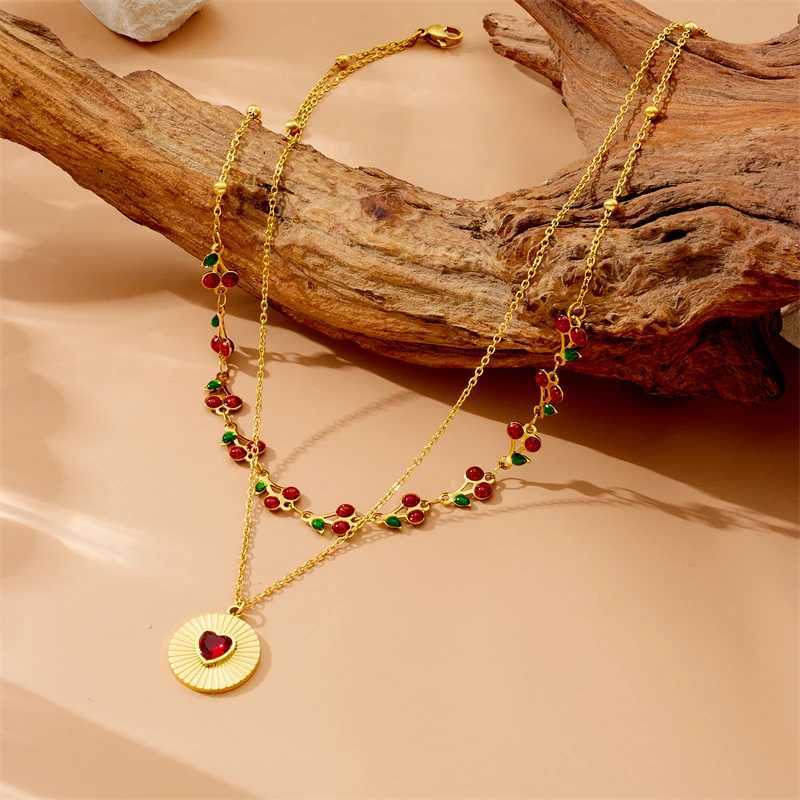 DIEYURO 316L Stainless Steel Cherry Circular Inlaid Red Heart Zircon Double-layer Necklace Womens Trend Neck Chain Jewelry Gift Y250605