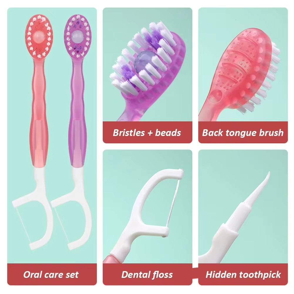 5 in 1 Mini Disposable Double Cleaning Beads Soft Brushes Toothbrushes,with Toothpaste + Tongue Scraper + Picks + Floss,Work or Travel Portable Oral C
