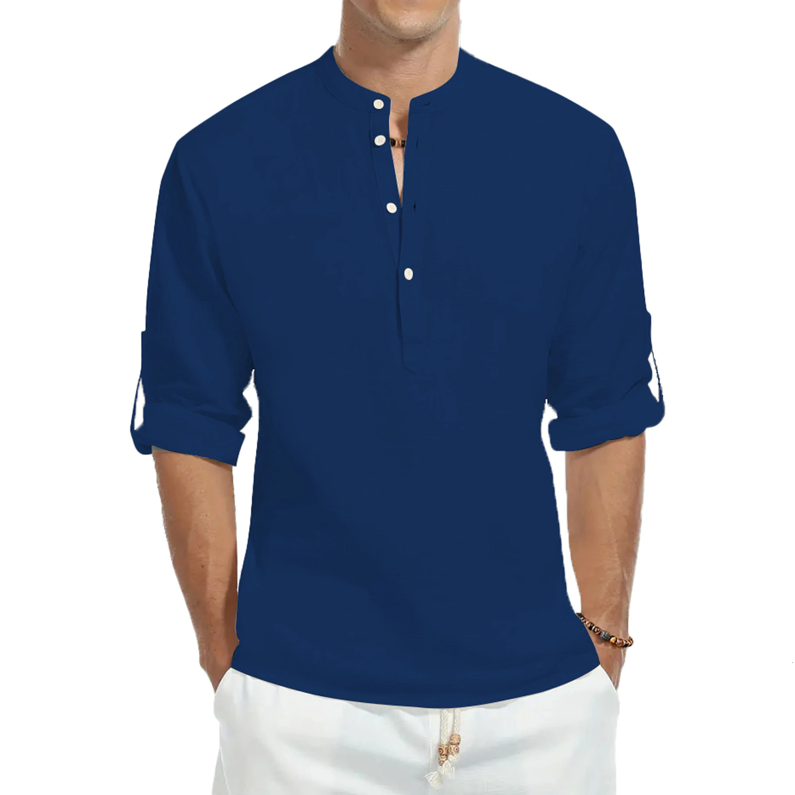 Casual shirts loose cotton mens shirts fashionable stand-up collar solid color long-sleeved T-shirts handsome slim-fit tops 250605