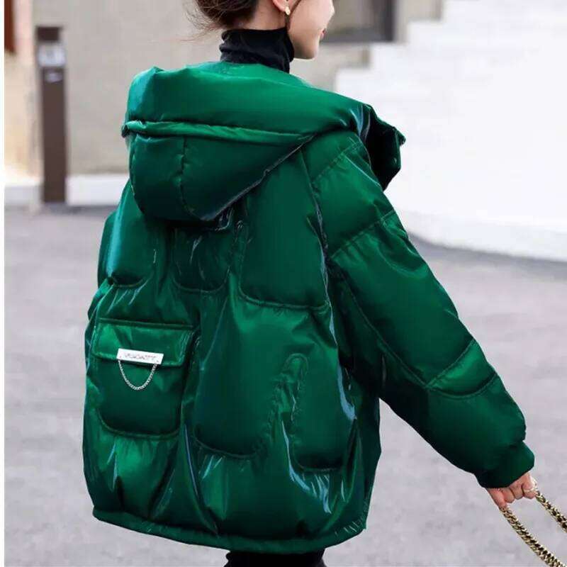 Glossy Down Cotton Jacket 2024 Winter New Thicken Padded Parkas Coat Women Warm Hooded Jackets Fashion Loose Short Outwear