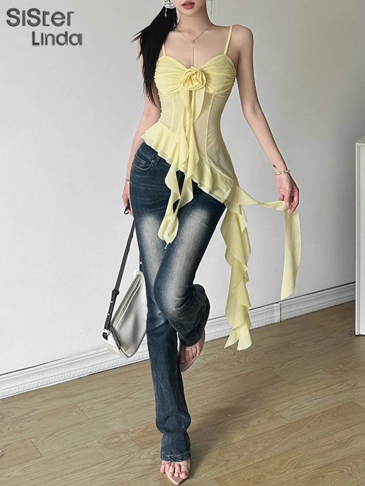 High Quality Womens Sexy Suspender Top In Spring And Summer Low Cut Backless Yellow Flower Decorated Womens Top 250605