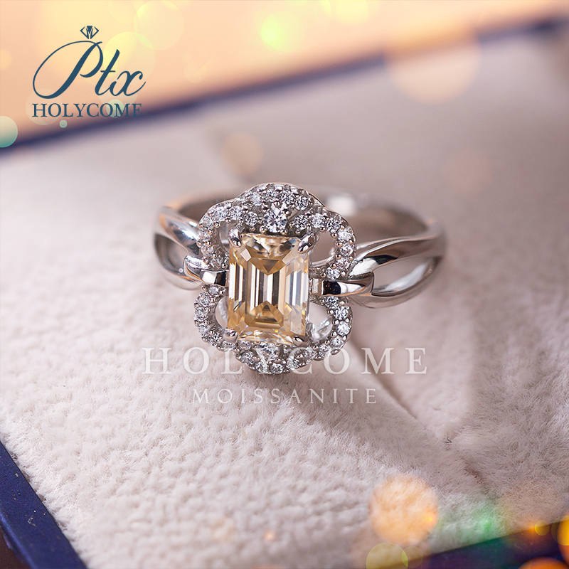 Wholesale High Quality Women Bulk Fashion Flower S925 Silver Champagne 5x7mm 1ct Luxury Emerald Cut Diamond Moissanite Ring