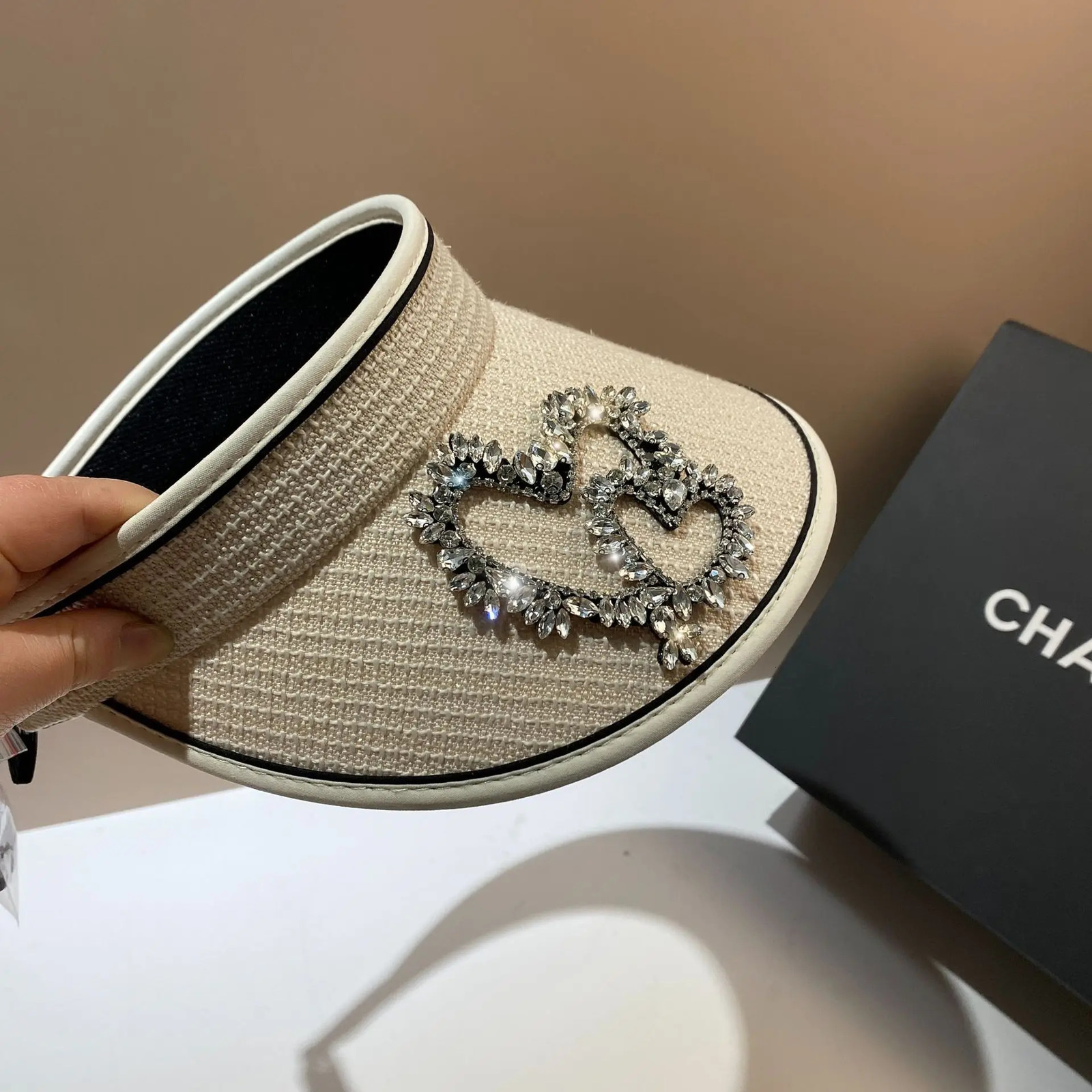 Rhinestone Heart Sun Hat Sunscreen Sunshade Empty Top Hat Large Brim UV Protection Travel Beach Panama Cap 250603