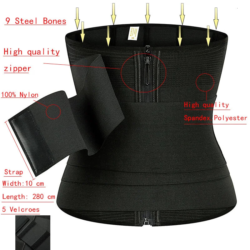 9 Steel Bones Waist Trainer Body Shaper Adjustable Belly Tummy Control Snatch Me Up Wrap Stretch Bands Slim Body Shaper Women 250605