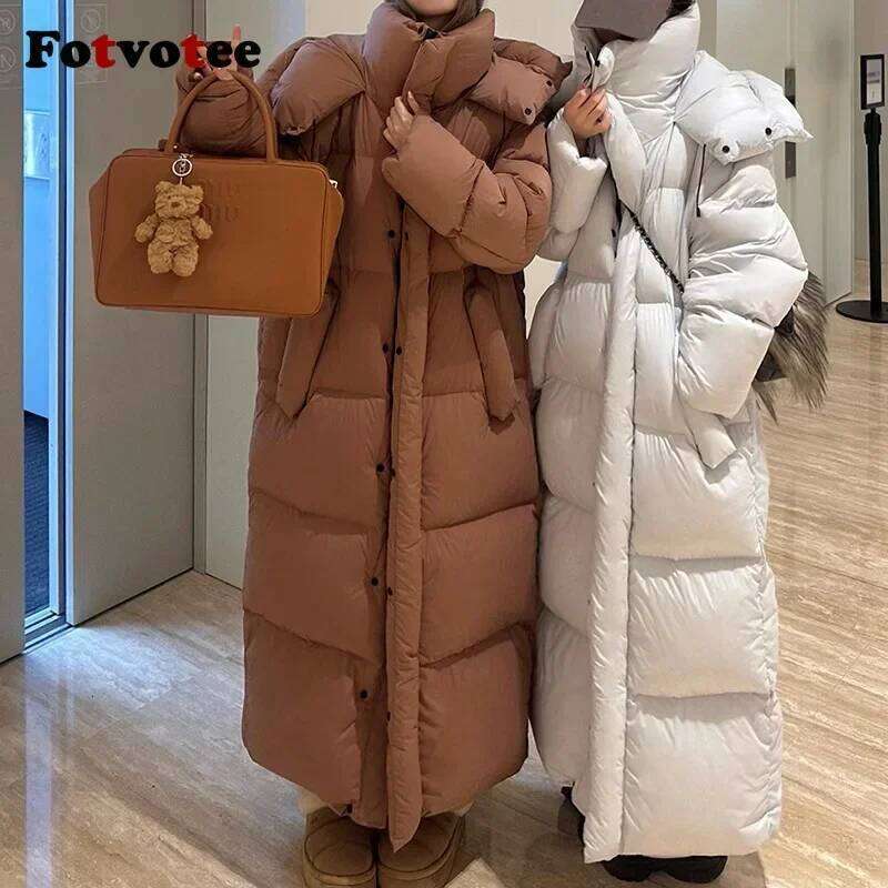 FOTVOTEE Chic Oversized Cotton Parkas Women Solid Thicken Warm Single Breasted Long Coat 2024 Winter New Fashion Lady Streetwear