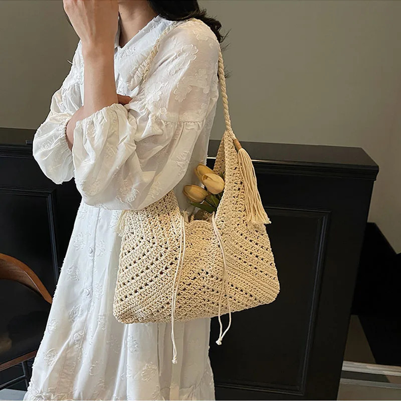 Crochet 2IN1 Shoulder Bag Set For Women Raffia Boho Rattan Summer Beach Vacation Tote Bags Knitted n Handbags Female 250605