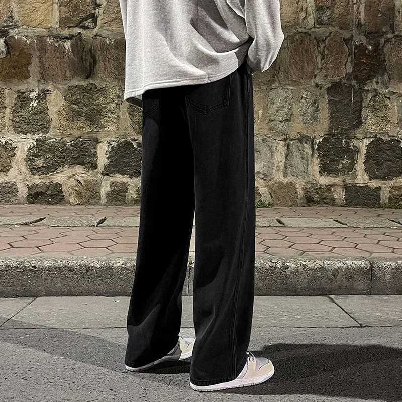 2025 New Mens Fashion Jeans Baggy Wide Leg Black Denim Pants Strtwear Fashion Korean Loose Straight Elastic Waist TrousersC250606