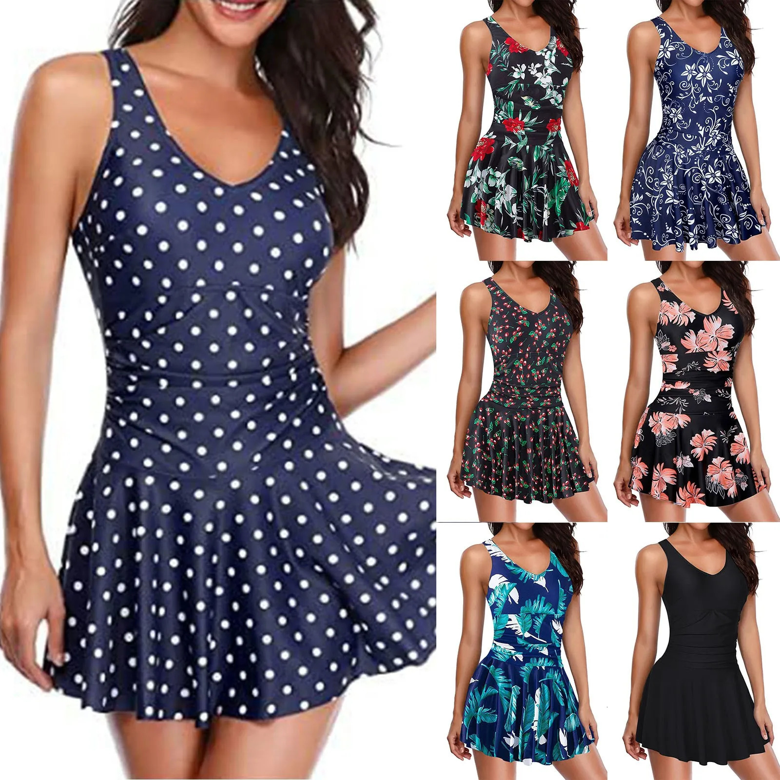 Womens Summer Vintage Print Swimsuit Sexy U Neck Slim Waist Swim Dress Bathing Suit Holiday Beachwear Retro 250530