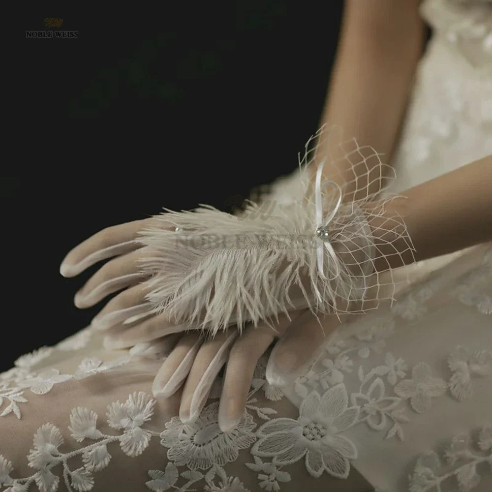 Women Wedding Bridal Short Gloves Full Finger See Through Feather Wrist Length Costume Prom Party Gloves Customized 250603