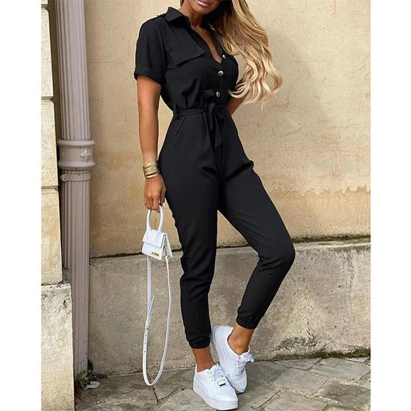 Womens Monochromatic Belt Workwear Jumpsuit Casual Pants Flip Collar Buckle European and American Summer 250603