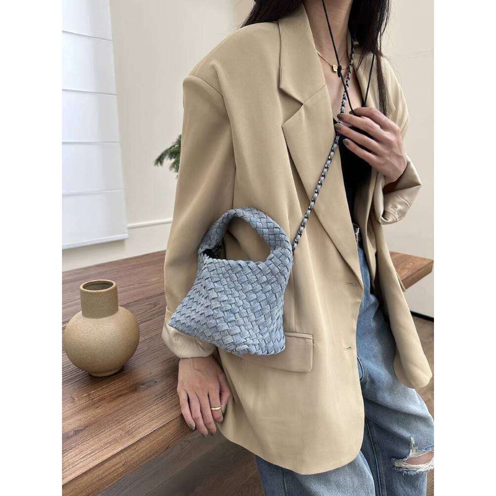Thai Handmade Woven Denim Light Blue Basket for Women Summer New Single Shoulder Crossbody Chain Bag