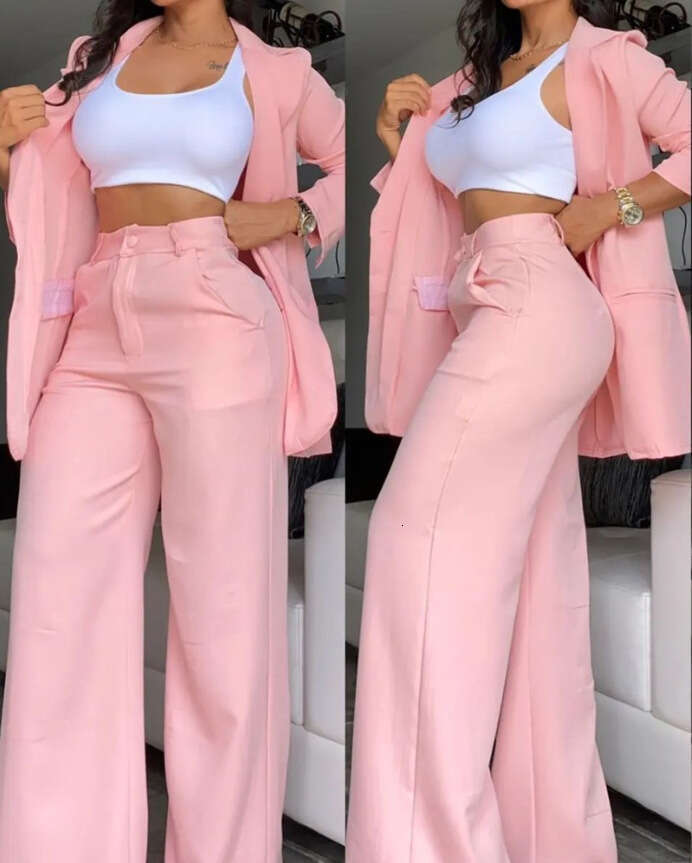 Women's Elegant Pure Color Split Sleeve Lapel Blazer With Pocket Straight Pants Set B5
