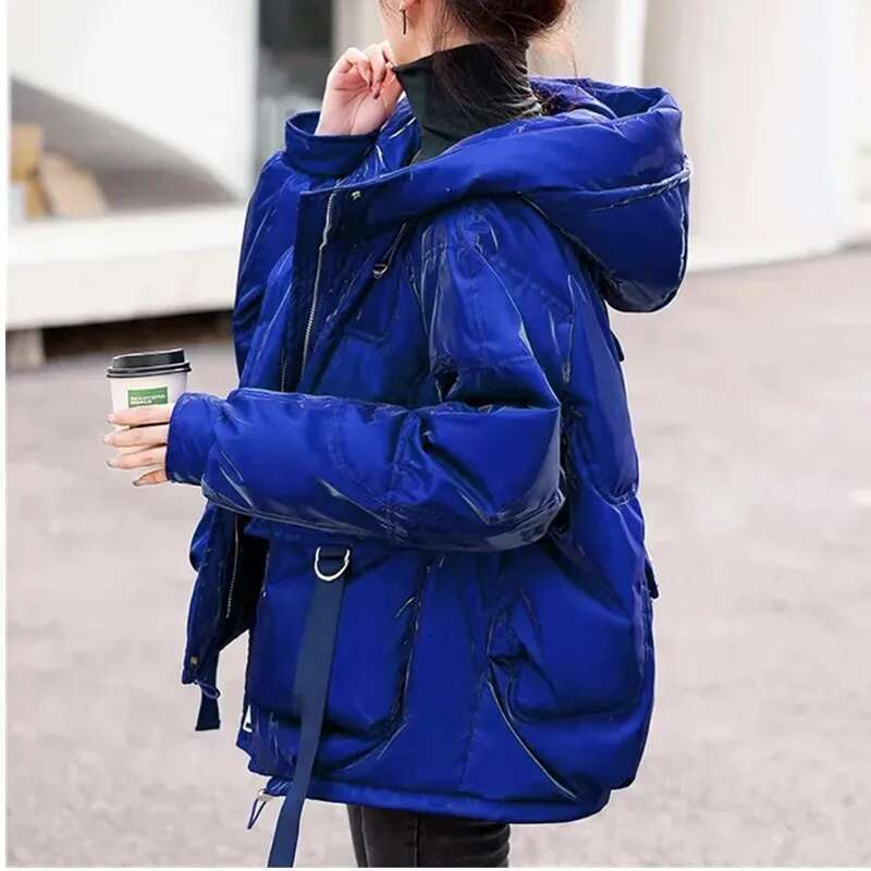 Glossy Down Cotton Jacket 2024 Winter New Thicken Padded Parkas Coat Women Warm Hooded Jackets Fashion Loose Short Outwear