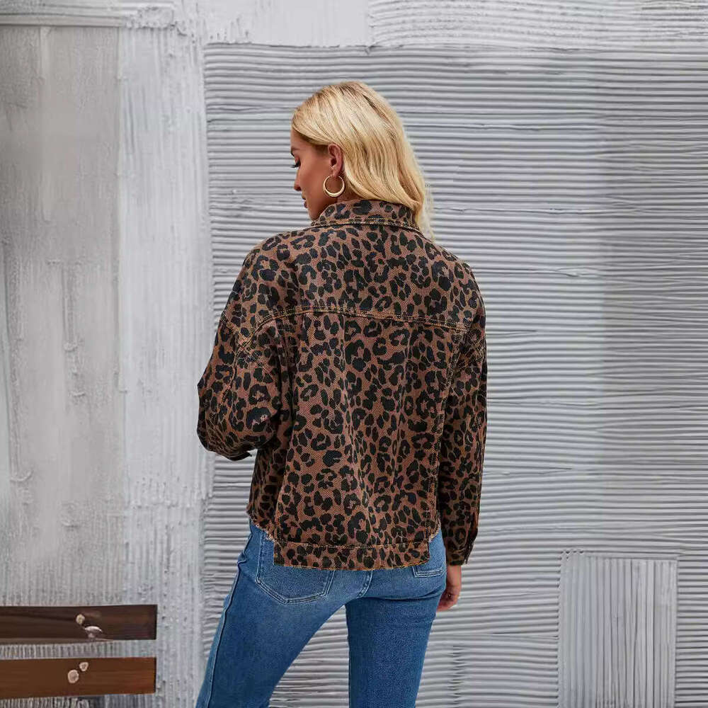 Women's Clothing Autumn Winter New Leopard Print Fashion Casual Denim Short Jacket B5