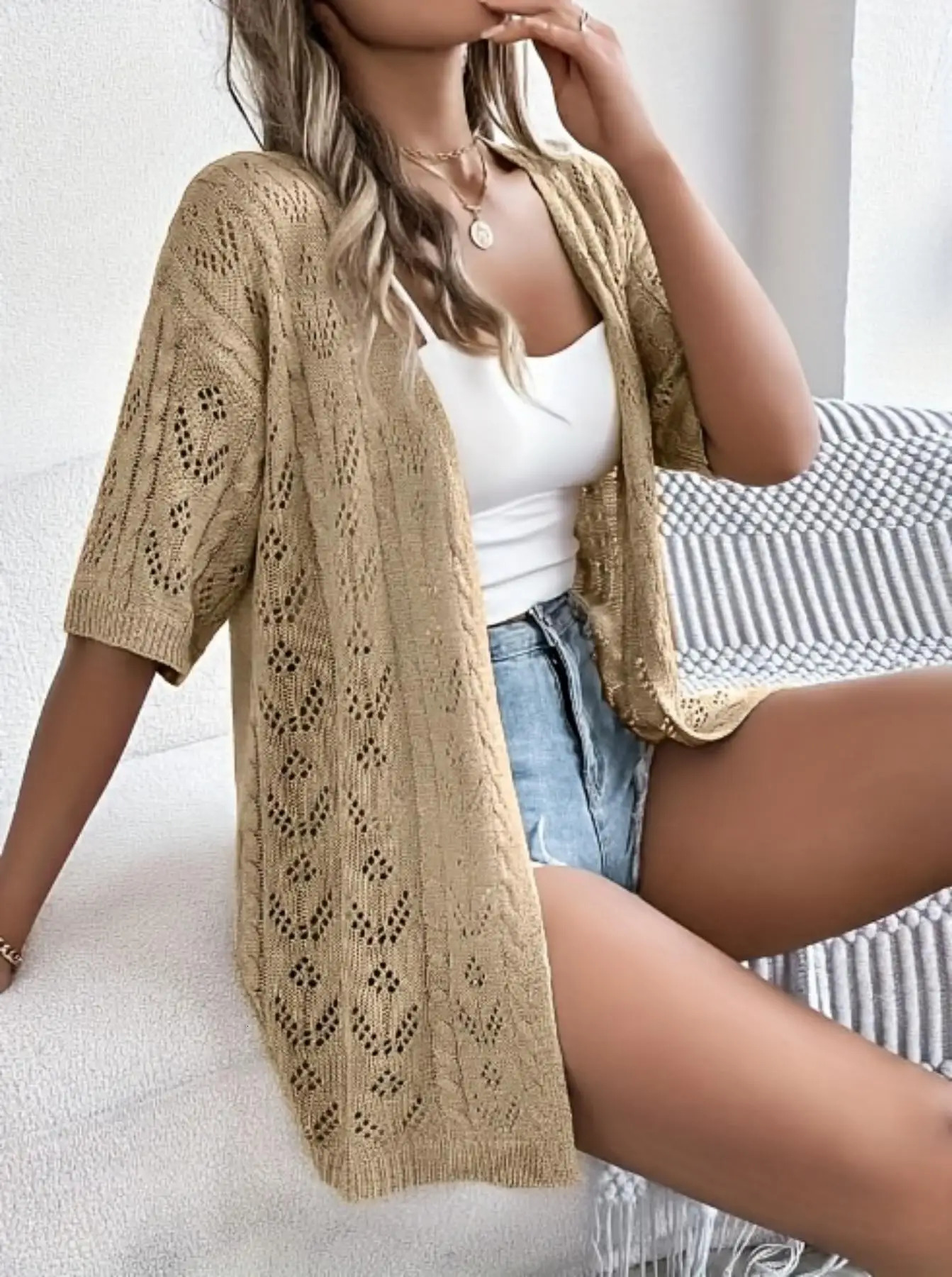 Plus Size Womens Thin Cardigan Knitwear V Neck ShortSleeved Loose Casual Spring and Summer Pure Color Elegant Appearance 250530