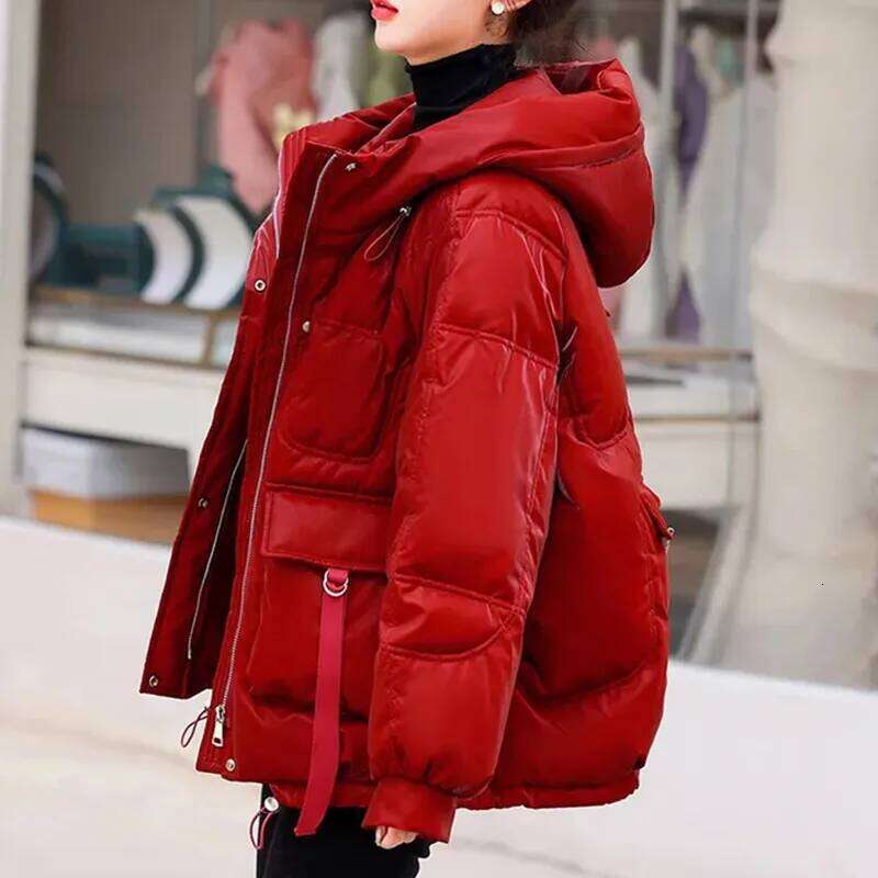Glossy Down Cotton Jacket 2024 Winter New Thicken Padded Parkas Coat Women Warm Hooded Jackets Fashion Loose Short Outwear